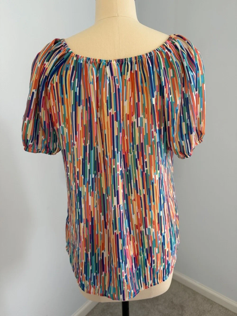 Spense Women’s Multicolor Abstract Stripe Peasant Top SZM - Picture 2 of 13